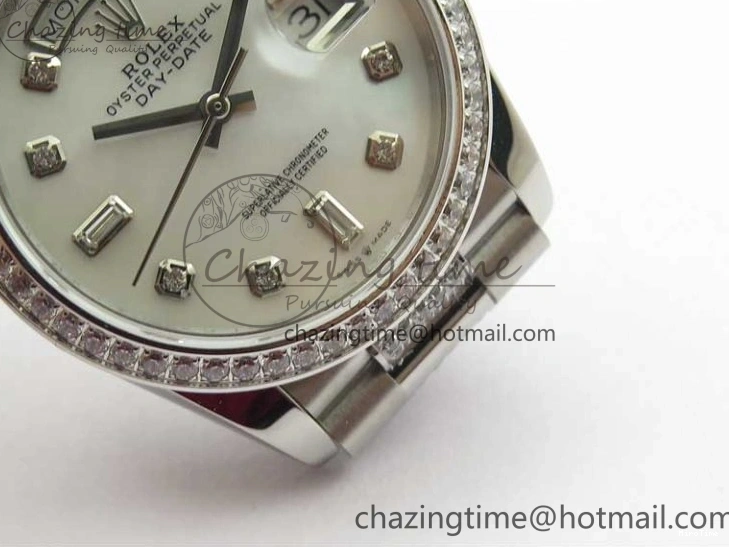 MiroTime 0128 Day-Date 36mm 128239 SS Crystal BP Best Edition White MOP Crystal Marker Dial on SS President Bracelet A MoistureWicking 2682